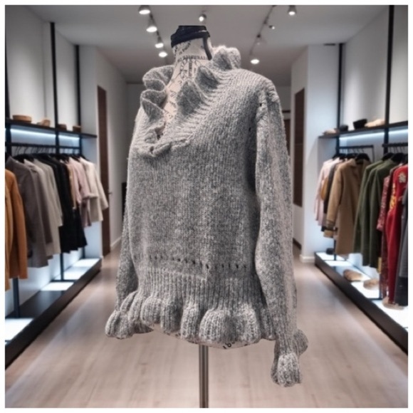 Chicwish Women's V-Neck Sweater with Ruffle Trim. Gray. Small - Picture 5 of 15